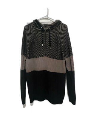 INC International Concepts XXL Black Taupe Striped Hooded Sweater